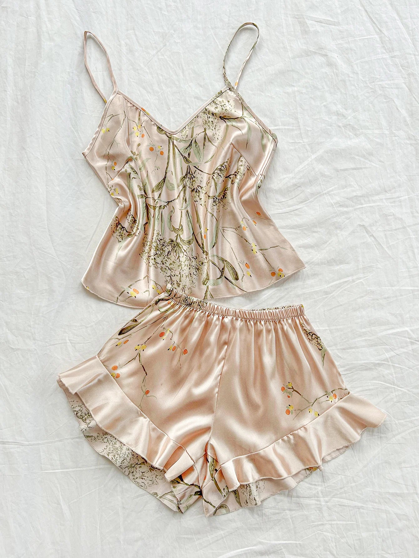 2-piece V-neck random print sexy casual shorts Pajama Set  Women's Sleepwear Loungewear