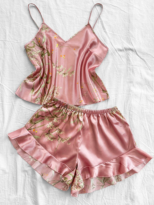 2-piece V-neck random print sexy casual shorts Pajama Set  Women's Sleepwear Loungewear