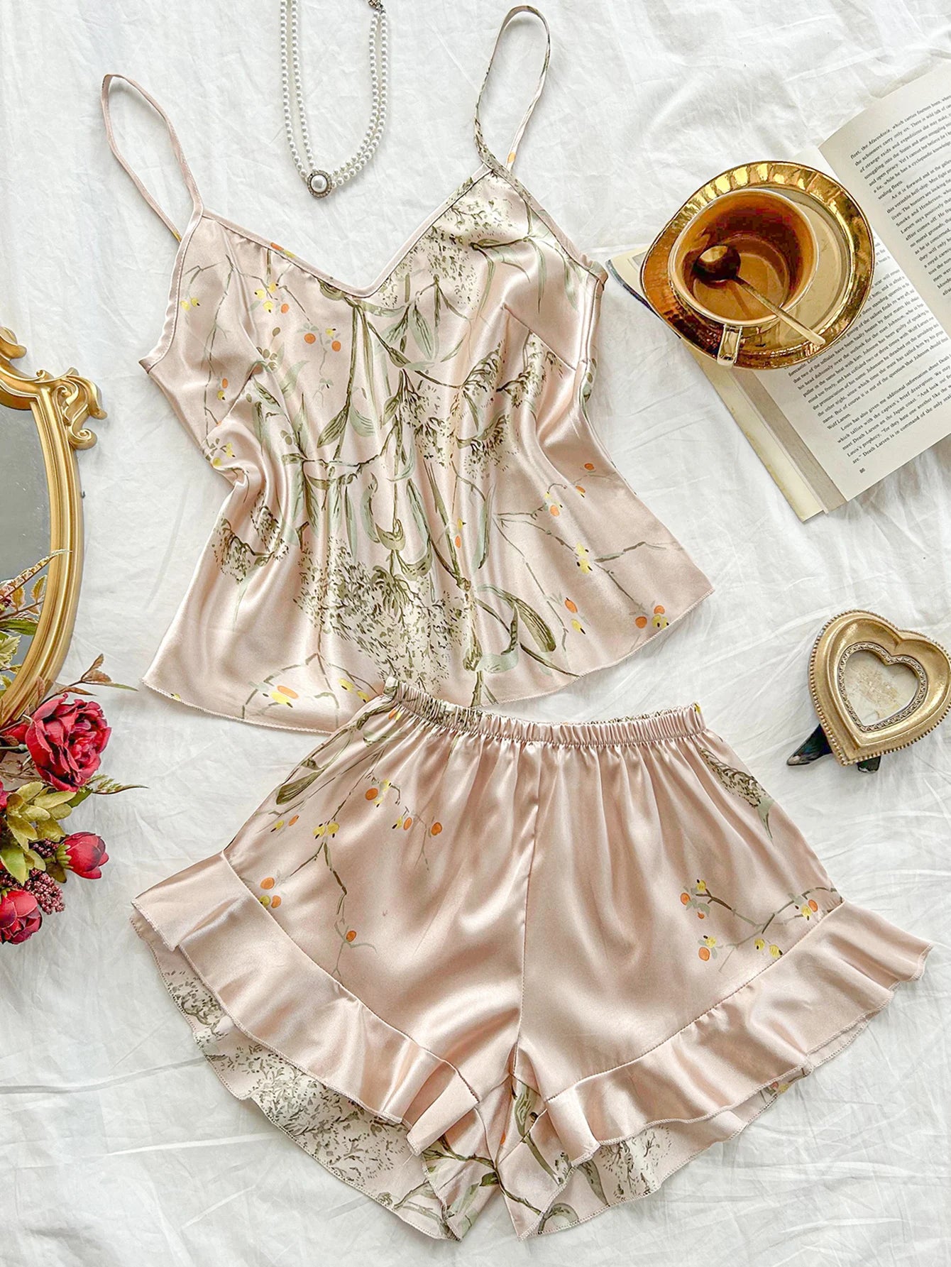 2-piece V-neck random print sexy casual shorts Pajama Set  Women's Sleepwear Loungewear