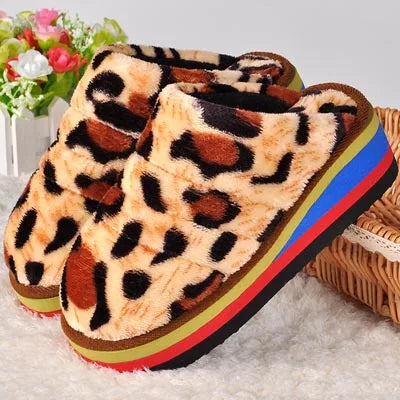 34-41 Womens Slippers Winter Female Wedges Home Shoes Mujer Zapatos 5cm Heels Leopard Platform Thick Bottom Indoor Footwear Y29