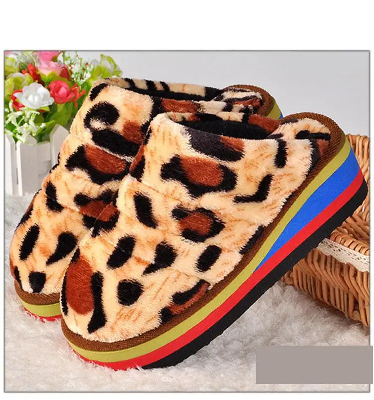 34-41 Womens Slippers Winter Female Wedges Home Shoes Mujer Zapatos 5cm Heels Leopard Platform Thick Bottom Indoor Footwear Y29